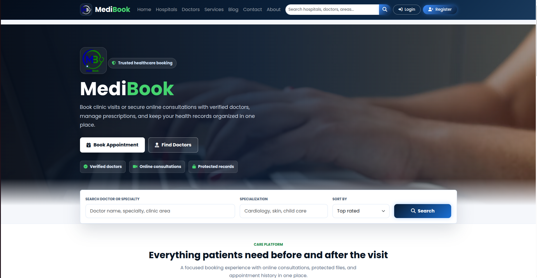 MediBook healthcare booking platform screenshot