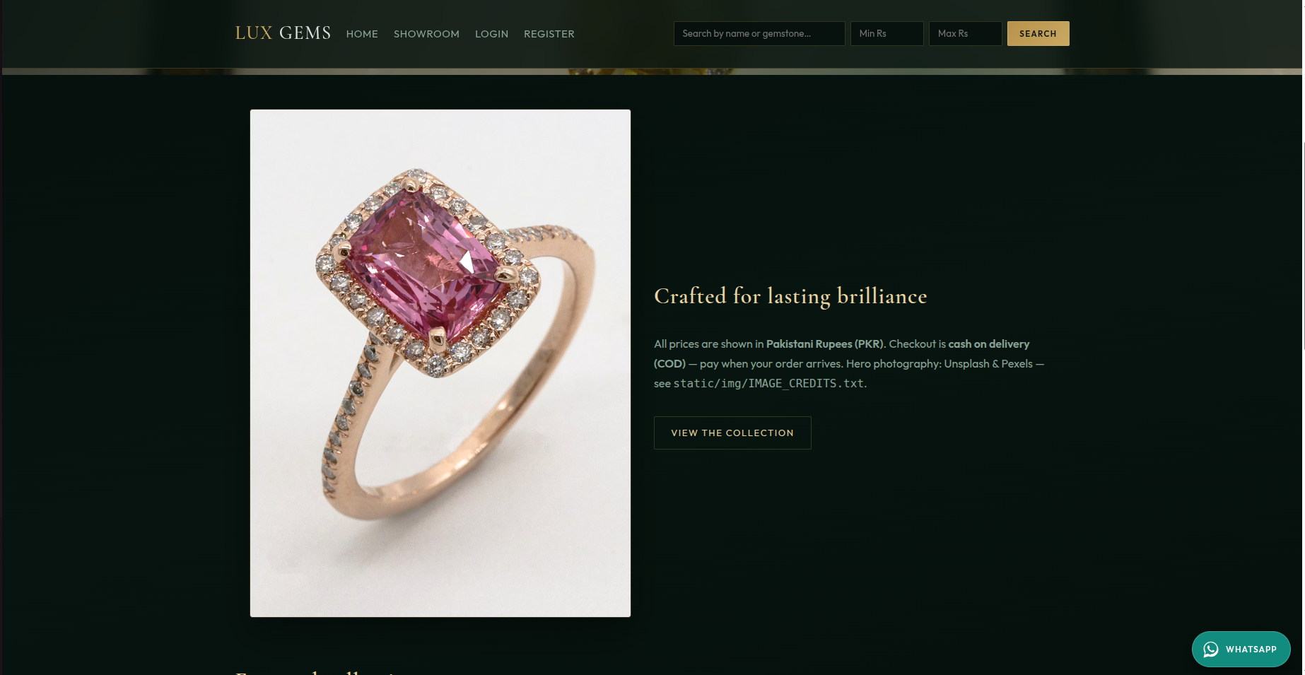 Lux Gems fine-jewellery e-commerce showroom screenshot